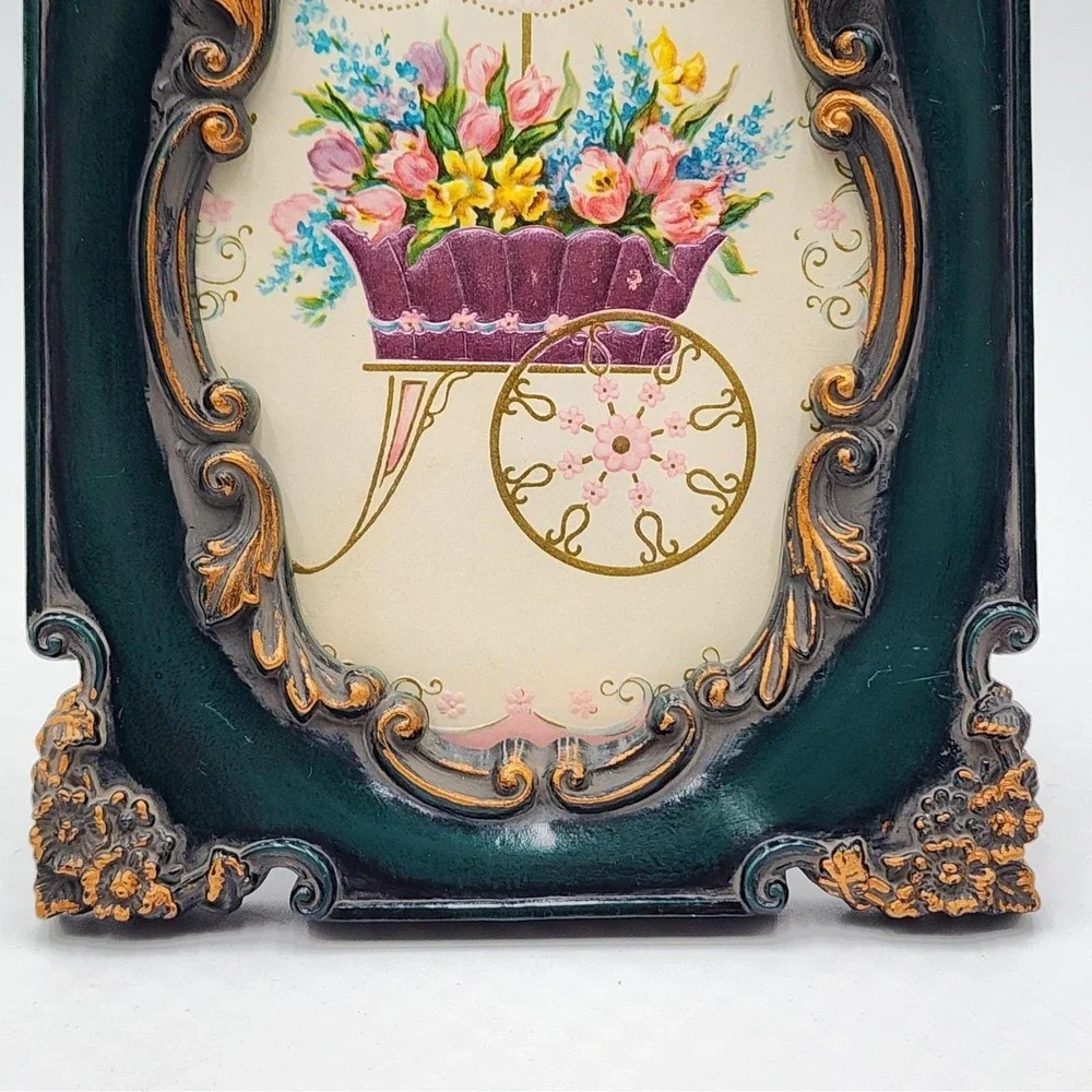 Vintage Ornate Green Baroque Resin Photo Frame Antiqued Gold Accents 5x3.5